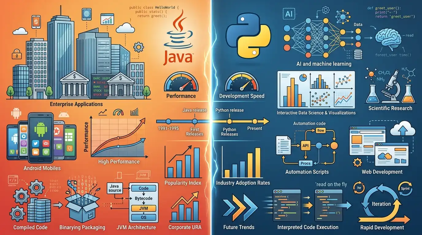 Java와 Python 언어 선택과 백엔드, AI 활용을 상징하는 대표 이미지