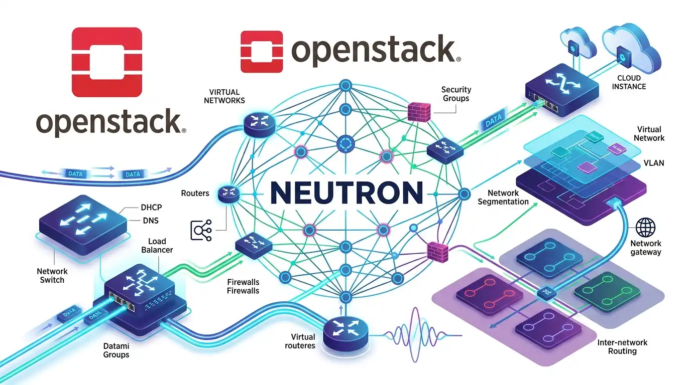 OpenStack Neutron의 가상 네트워크, 라우터, 보안 그룹, VXLAN 오버레이와 물리 네트워크 연결을 표현한 클라우드 네트워킹 아키텍처 이미지