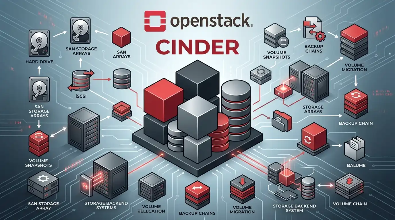 OpenStack Cinder의 cinder-api, scheduler, volume service, Ceph RBD, SAN, NVMe 스토리지 백엔드를 표현한 블록 스토리지 아키텍처 이미지