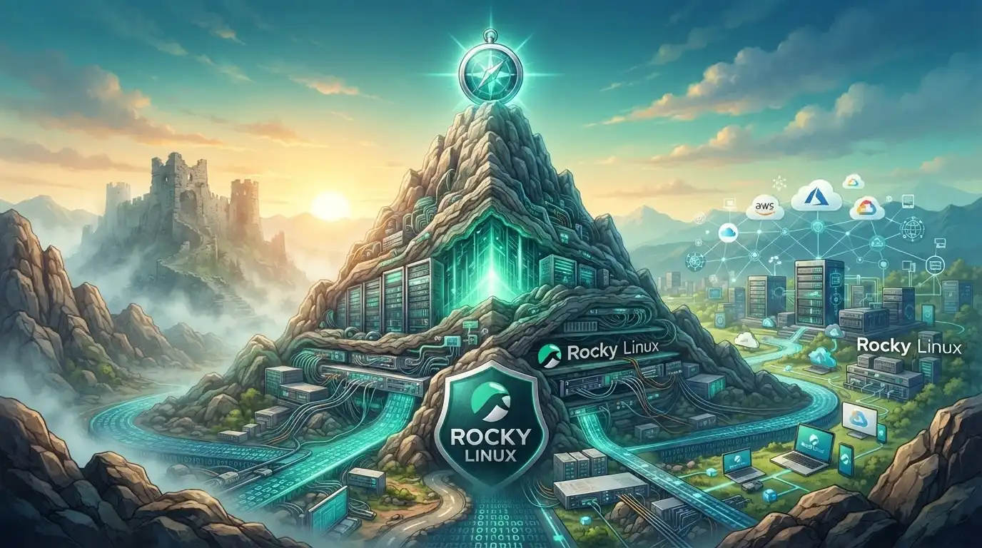 Rocky Linux 서버 운영과 엔터프라이즈 인프라를 표현한 대표 이미지