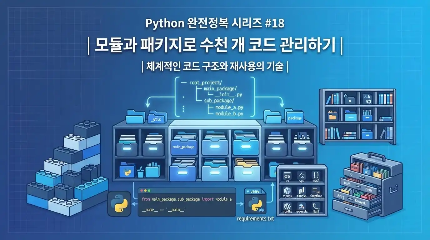 Python 모듈과 패키지로 대규모 코드를 체계적으로 정리하는 방법을 설명하는 대표 이미지