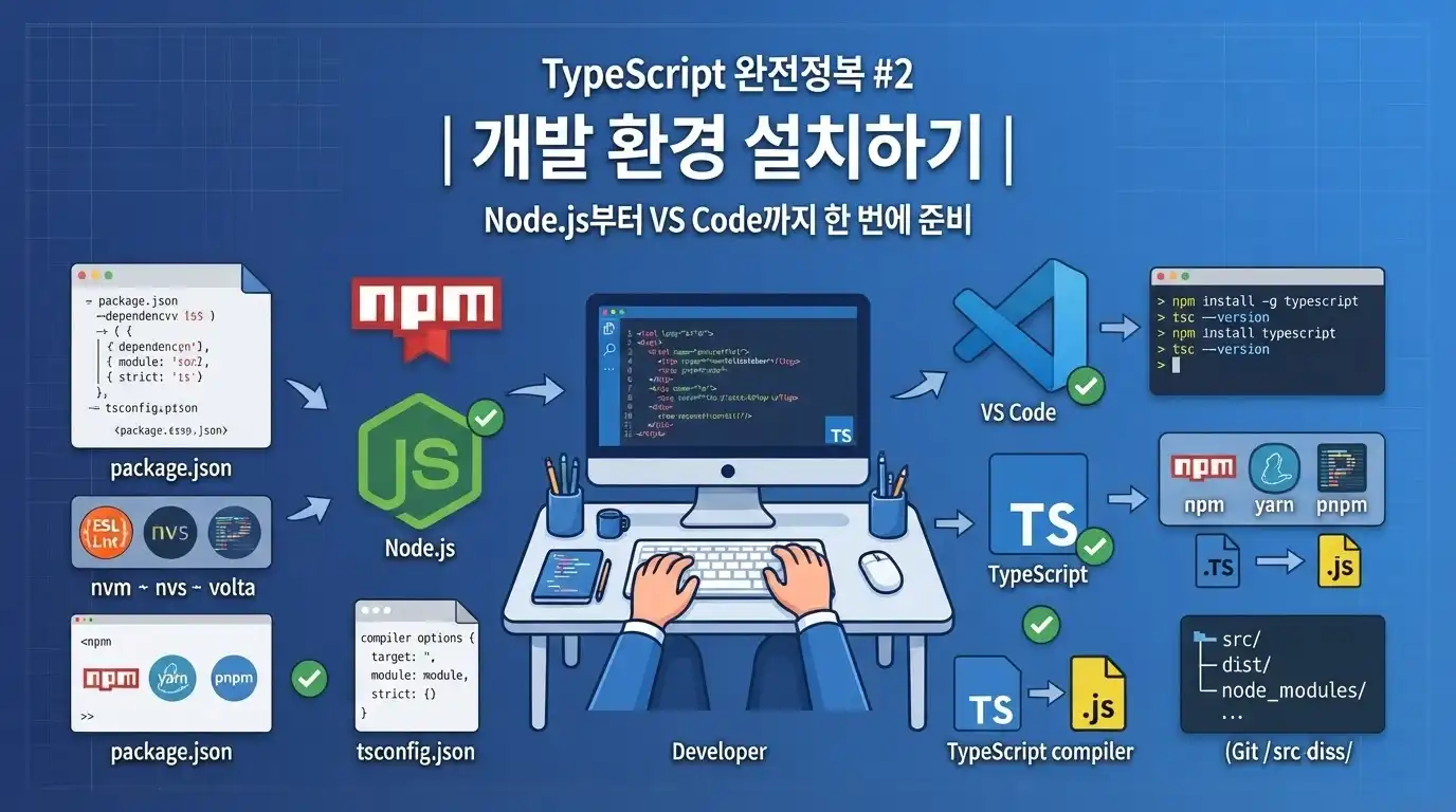 TypeScript 개발 환경을 Node.js, npm, VS Code와 함께 구성하는 과정을 설명하는 대표 이미지
