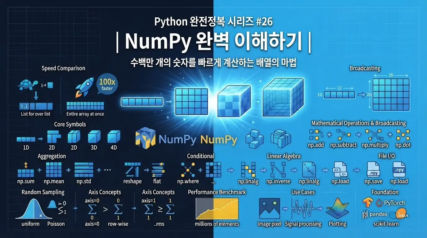 Python NumPy로 대량의 숫자 데이터를 빠르게 계산하는 방법을 설명하는 대표 이미지