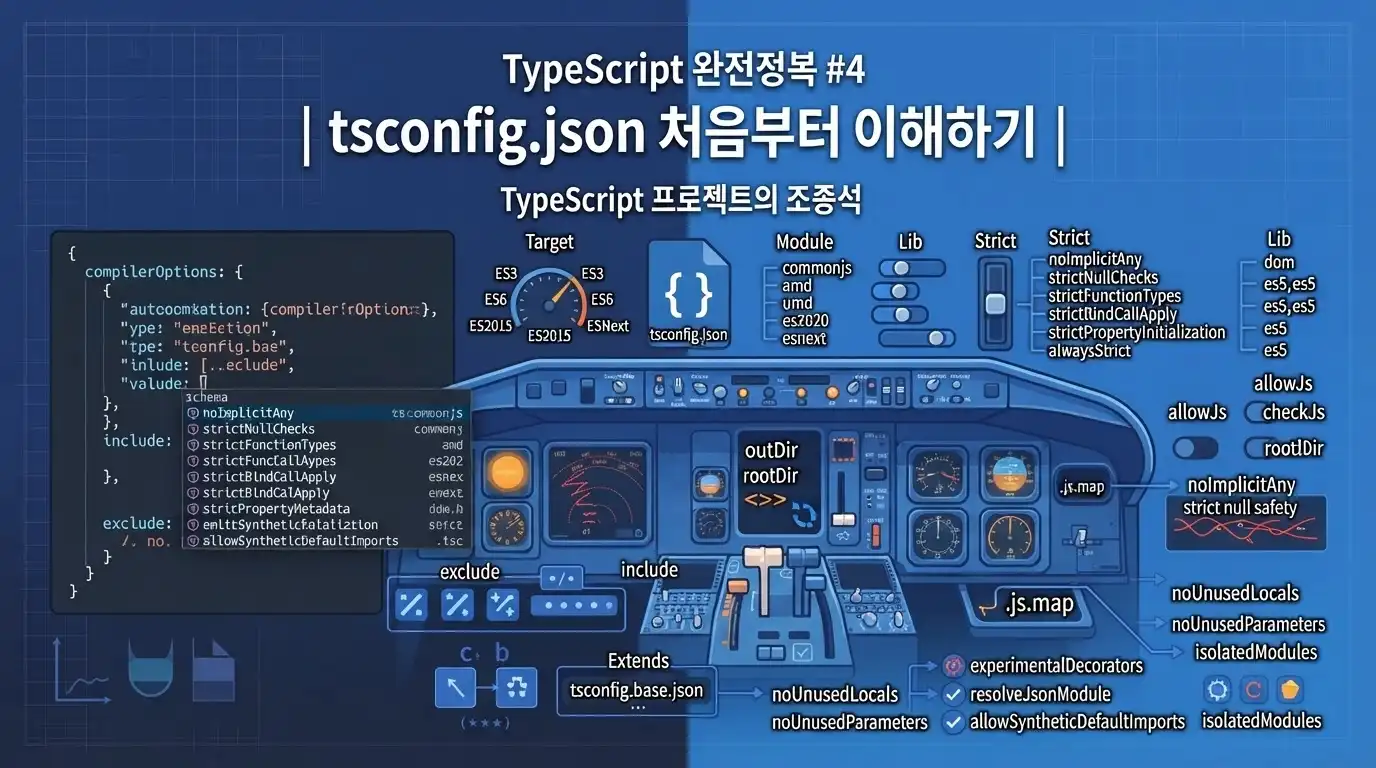 TypeScript 프로젝트 설정 파일 tsconfig.json의 구조와 컴파일 옵션을 설명하는 대표 이미지