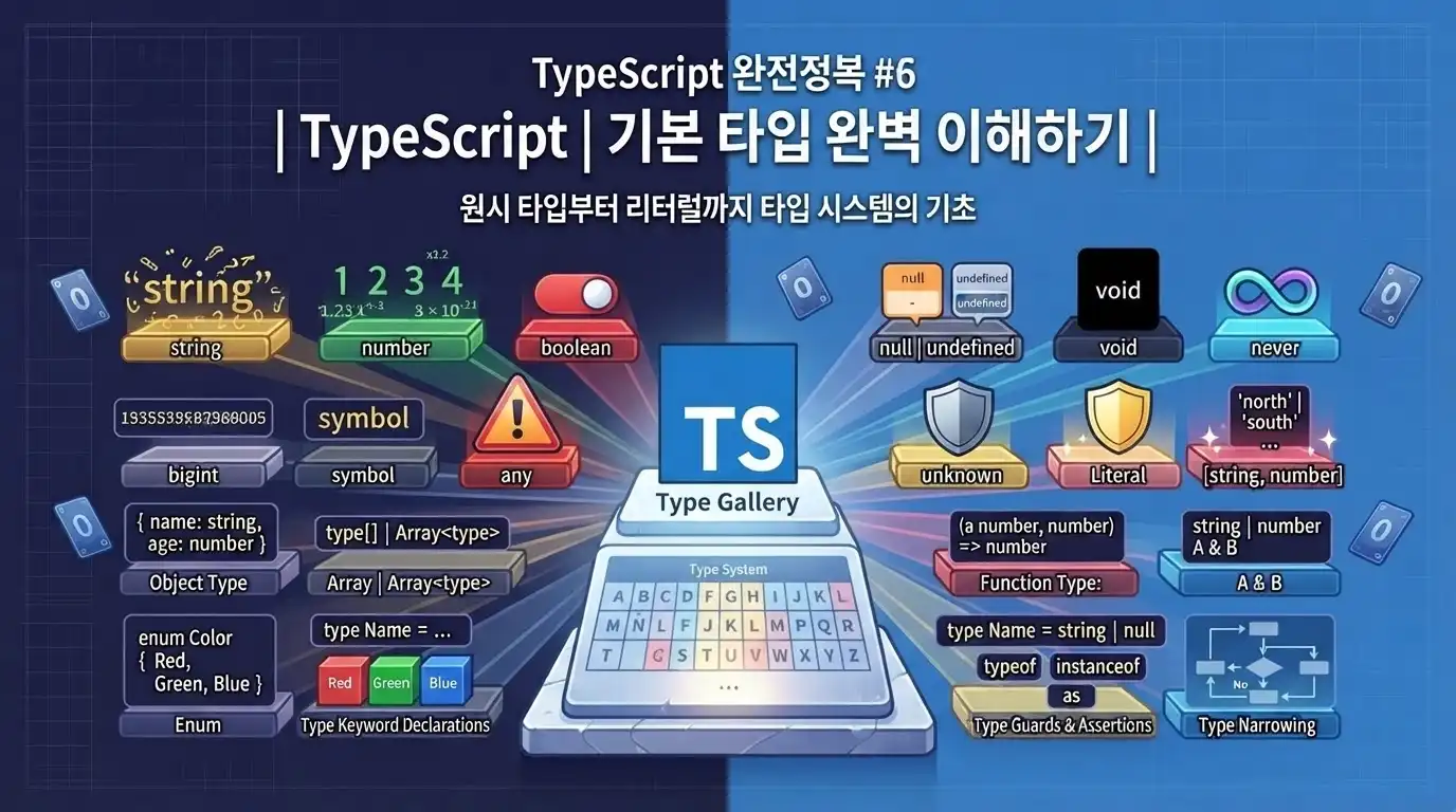 TypeScript의 string, number, boolean 기본 타입 사용법을 설명하는 대표 이미지