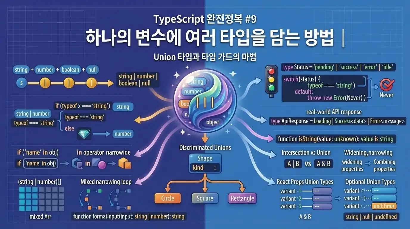 TypeScript 유니언 타입과 리터럴 타입의 차이와 활용법을 설명하는 대표 이미지