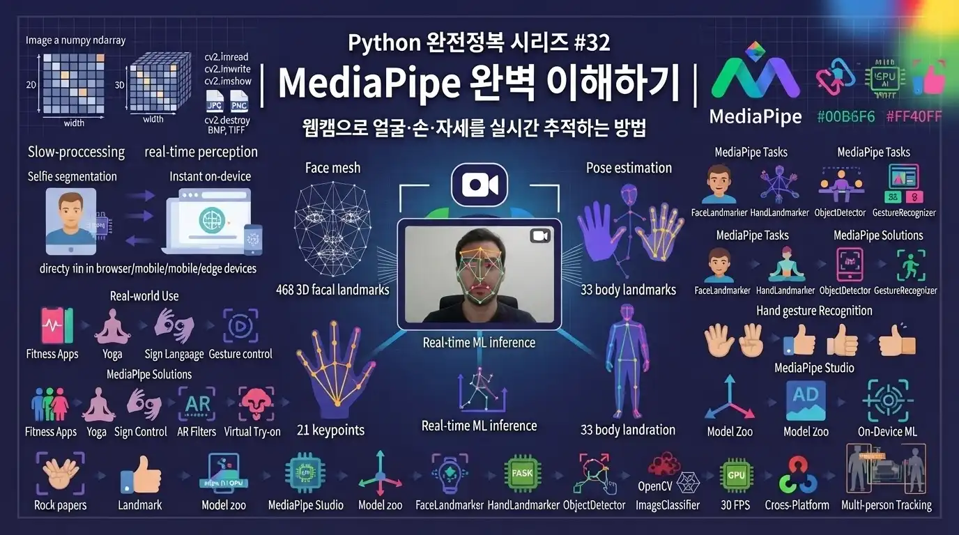 Python MediaPipe로 손, 얼굴, 자세를 실시간 추적하는 방법을 설명하는 대표 이미지