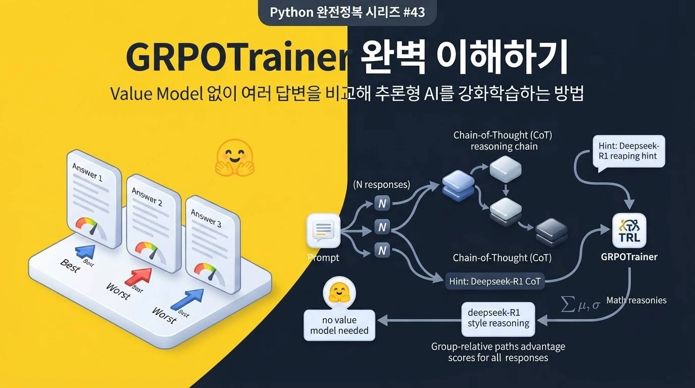Python에서 Hugging Face TRL GRPOTrainer로 여러 답변의 상대 보상을 비교해 AI를 강화학습하는 방법을 설명하는 대표 이미지