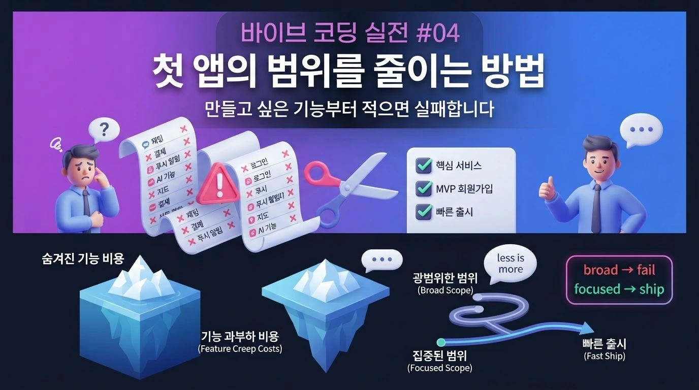 바이브 코딩으로 첫 앱의 MVP 범위를 줄이고 핵심 기능을 정하는 과정을 설명하는 대표 이미지