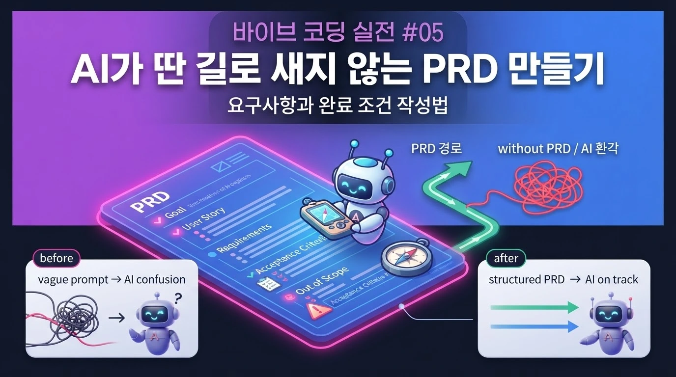 바이브 코딩에서 AI가 딴 길로 새지 않도록 PRD와 완료 조건을 작성하는 과정을 설명하는 대표 이미지