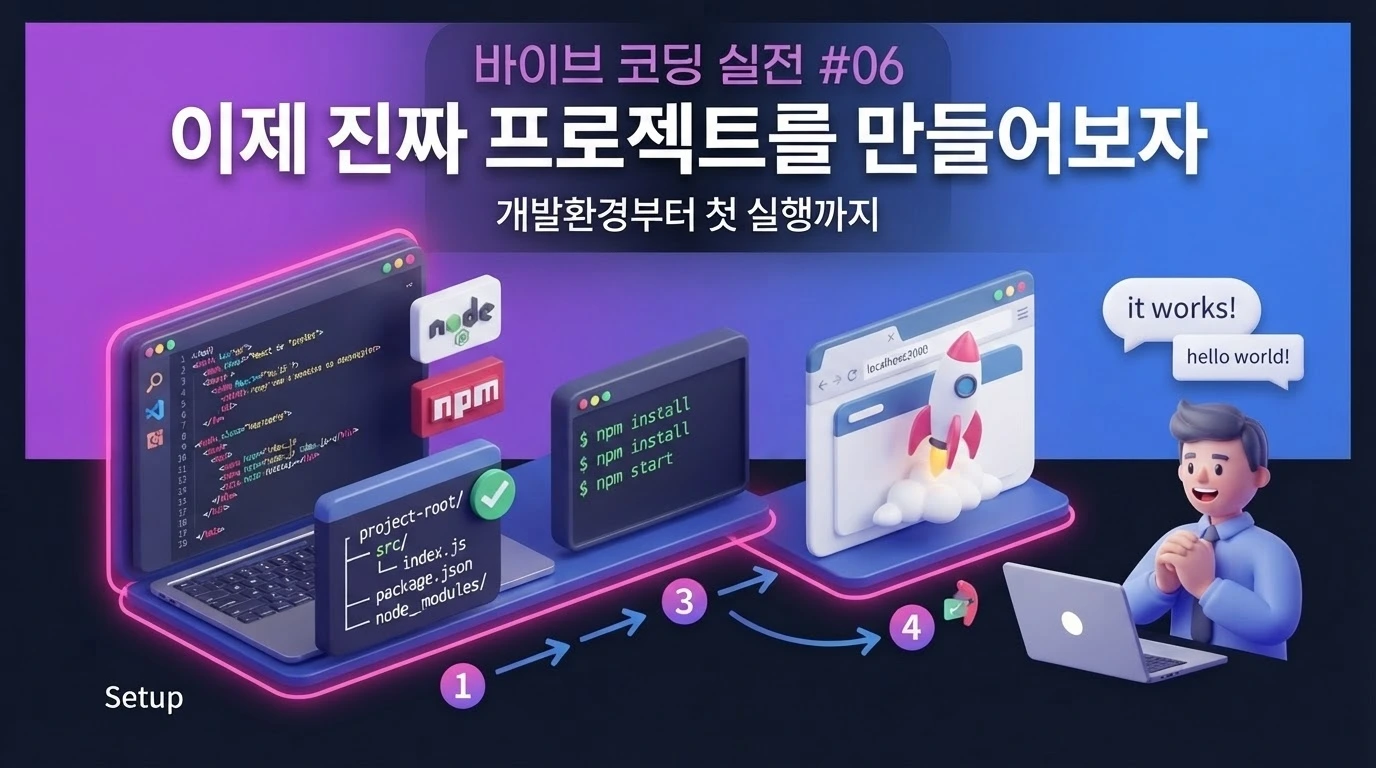 바이브 코딩으로 Flutter 개발환경을 준비하고 MyLog 프로젝트를 처음 실행하는 과정을 설명하는 대표 이미지