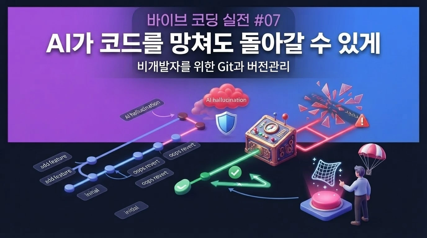 바이브 코딩에서 AI가 수정한 코드를 Git으로 안전하게 관리하고 복구하는 과정을 설명하는 대표 이미지