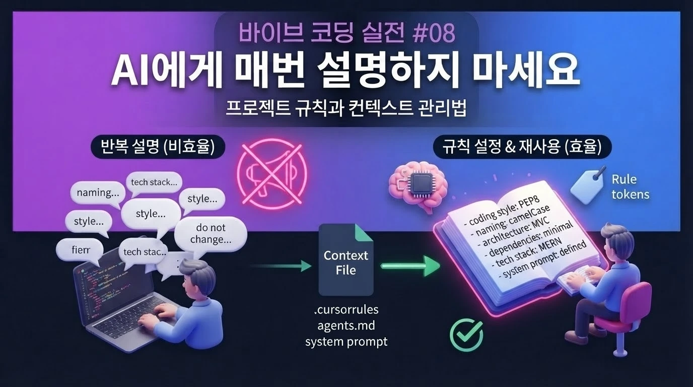 바이브 코딩에서 프로젝트 규칙과 컨텍스트 문서로 AI 작업 방향을 관리하는 과정을 설명하는 대표 이미지