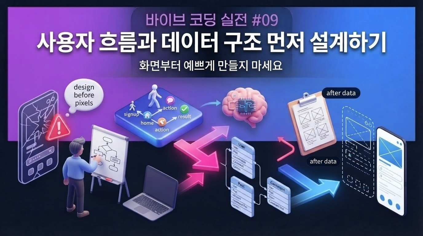 바이브 코딩에서 화면 디자인보다 사용자 흐름과 데이터 구조를 먼저 설계하는 과정을 설명하는 대표 이미지