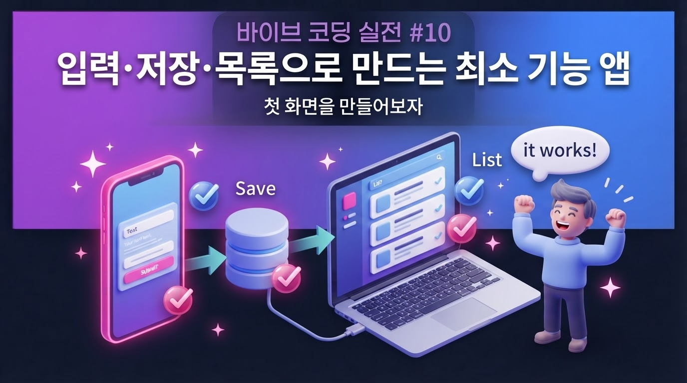 바이브 코딩으로 Flutter 앱의 기록 입력, 저장, 목록, 상세 화면을 구현하는 과정을 설명하는 대표 이미지