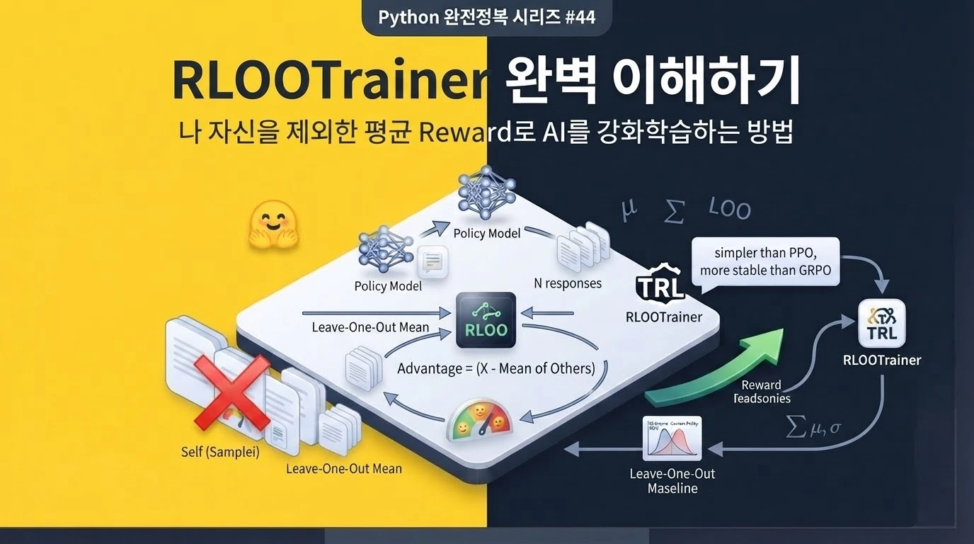 Python에서 Hugging Face TRL RLOOTrainer로 Leave-One-Out Reward Baseline을 이용해 AI를 강화학습하는 방법을 설명하는 대표 이미지