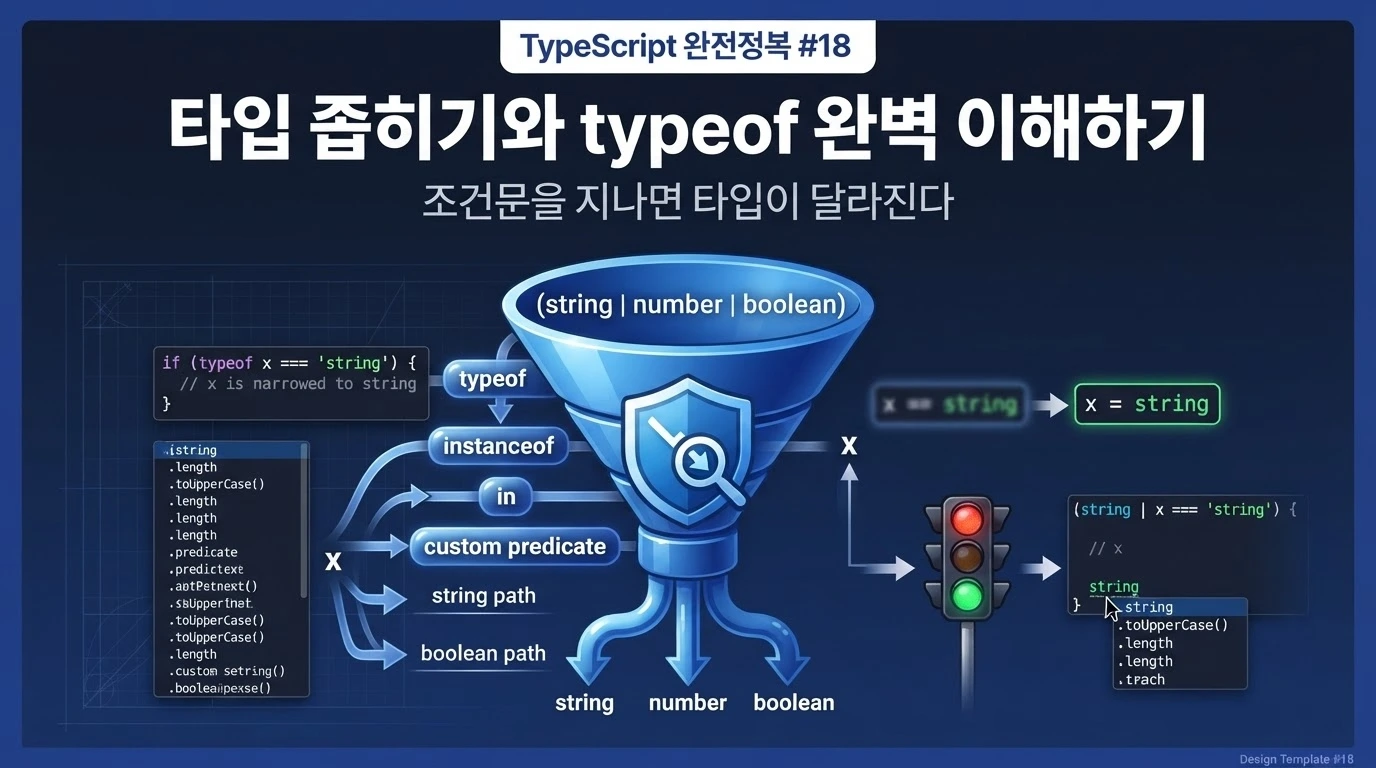 TypeScript 조건문과 typeof를 이용해 유니언 타입을 안전하게 좁히는 방법을 설명하는 대표 이미지