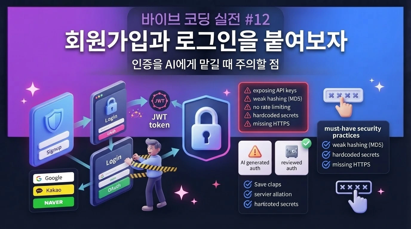 바이브 코딩으로 Flutter 앱에 Supabase Auth 기반 회원가입과 로그인을 구현하는 과정을 설명하는 대표 이미지