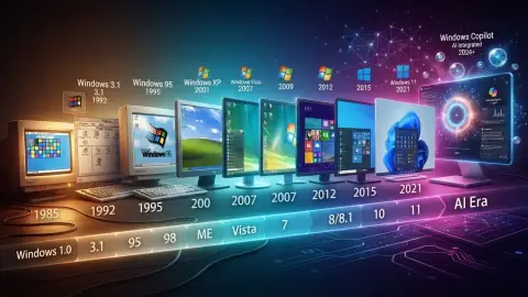 Windows 운영체제의 역사와 AI PC 시대 전환을 표현한 대표 이미지
