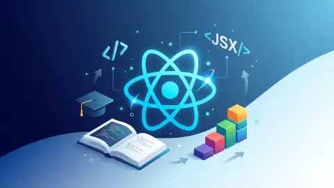 React 프레임워크 개발 환경 설정을 표현한 노트북과 코드 화면
