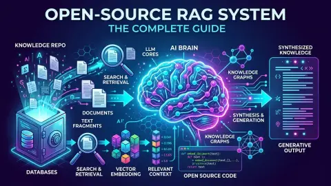 오픈소스 RAG 프레임워크와 엔터프라이즈 AI 아키텍처를 표현한 추상 네트워크 이미지