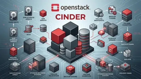 OpenStack Cinder의 cinder-api, scheduler, volume service, Ceph RBD, SAN, NVMe 스토리지 백엔드를 표현한 블록 스토리지 아키텍처 이미지