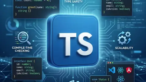 TypeScript 컴파일 흐름과 타입 시스템을 표현한 기술 일러스트