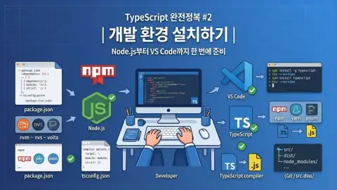 TypeScript 개발 환경을 Node.js, npm, VS Code와 함께 구성하는 과정을 설명하는 대표 이미지