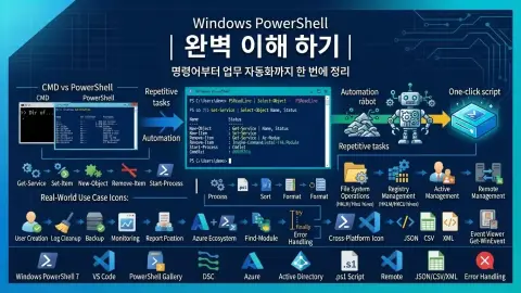 Windows PowerShell 명령어와 업무 자동화를 설명하는 대표 이미지