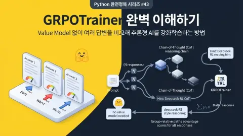 Python에서 Hugging Face TRL GRPOTrainer로 여러 답변의 상대 보상을 비교해 AI를 강화학습하는 방법을 설명하는 대표 이미지