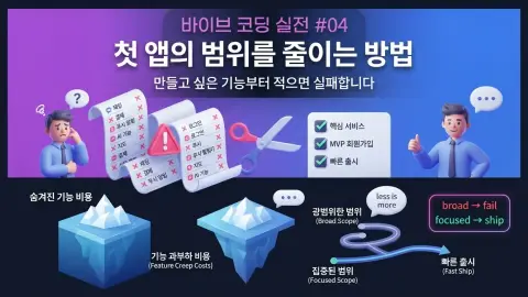 바이브 코딩으로 첫 앱의 MVP 범위를 줄이고 핵심 기능을 정하는 과정을 설명하는 대표 이미지