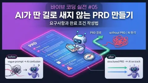 바이브 코딩에서 AI가 딴 길로 새지 않도록 PRD와 완료 조건을 작성하는 과정을 설명하는 대표 이미지
