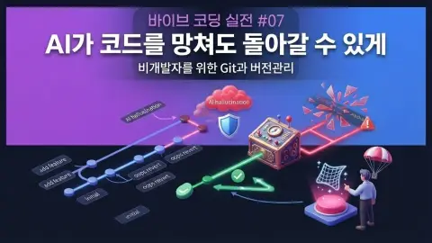 바이브 코딩에서 AI가 수정한 코드를 Git으로 안전하게 관리하고 복구하는 과정을 설명하는 대표 이미지