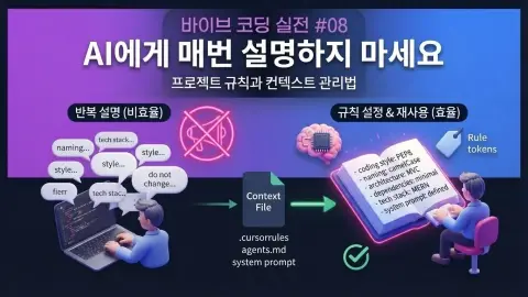 바이브 코딩에서 프로젝트 규칙과 컨텍스트 문서로 AI 작업 방향을 관리하는 과정을 설명하는 대표 이미지