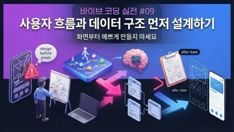 바이브 코딩에서 화면 디자인보다 사용자 흐름과 데이터 구조를 먼저 설계하는 과정을 설명하는 대표 이미지