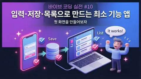 바이브 코딩으로 Flutter 앱의 기록 입력, 저장, 목록, 상세 화면을 구현하는 과정을 설명하는 대표 이미지