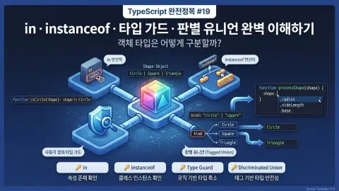 TypeScript에서 in, instanceof, 타입 가드와 판별 유니언으로 객체 타입을 구분하는 방법을 설명하는 대표 이미지