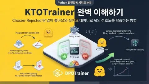 Python에서 Hugging Face TRL KTOTrainer로 좋아요와 싫어요 피드백을 이용해 AI 선호도를 학습하는 방법을 설명하는 대표 이미지