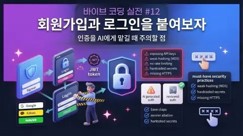 바이브 코딩으로 Flutter 앱에 Supabase Auth 기반 회원가입과 로그인을 구현하는 과정을 설명하는 대표 이미지