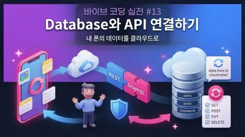 바이브 코딩으로 Flutter 앱의 로컬 데이터를 Supabase 클라우드 데이터베이스와 API에 연결하는 과정을 설명하는 대표 이미지