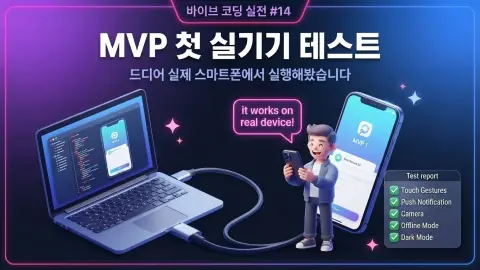 바이브 코딩으로 만든 Flutter MyLog MVP를 실제 스마트폰에서 테스트하는 과정을 설명하는 대표 이미지