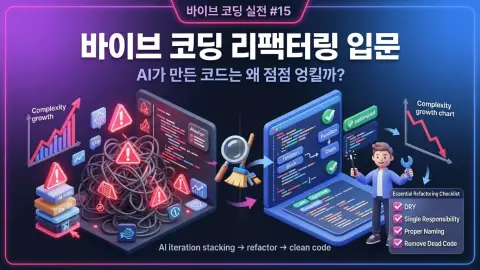 바이브 코딩으로 복잡해진 Flutter 앱 코드를 리팩터링하고 구조를 정리하는 과정을 설명하는 대표 이미지