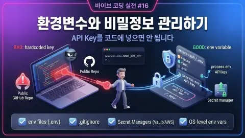 바이브 코딩에서 Flutter 앱의 API Key와 환경변수, 비밀정보를 안전하게 관리하는 방법을 설명하는 대표 이미지