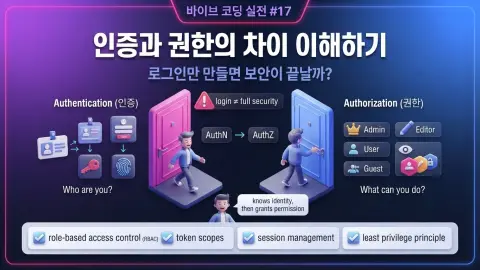 바이브 코딩에서 로그인 이후 인증과 권한, Supabase RLS로 사용자별 데이터 접근을 제어하는 방법을 설명하는 대표 이미지