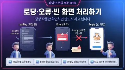 바이브 코딩으로 만든 Flutter 앱에서 로딩, 빈 화면, 오류 상태를 명확하게 처리하는 방법을 설명하는 대표 이미지